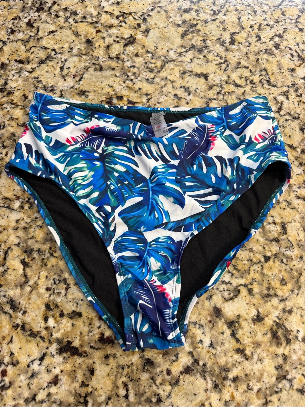 High-Waist Blue Tropical Leaf Bikini Bottoms new without tags